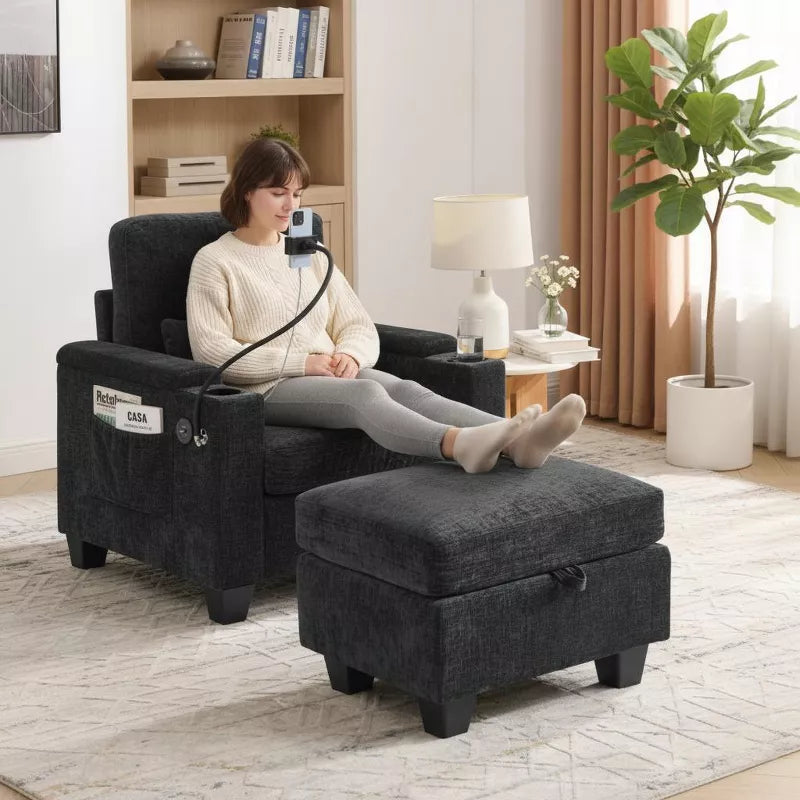 Single Recliner Sofa with Adjustable Backrest, Storage Ottoman & Phone Stand, Living Room Armchair