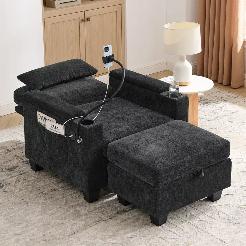 Single Recliner Sofa with Adjustable Backrest, Storage Ottoman & Phone Stand, Living Room Armchair
