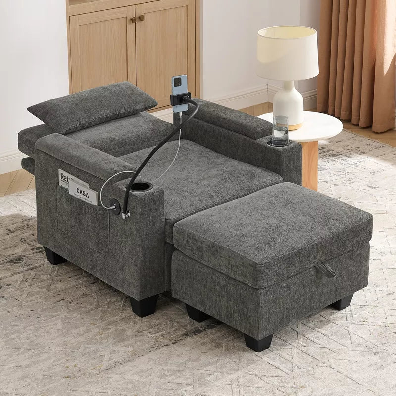 Single Recliner Sofa with Adjustable Backrest, Storage Ottoman & Phone Stand, Living Room Armchair