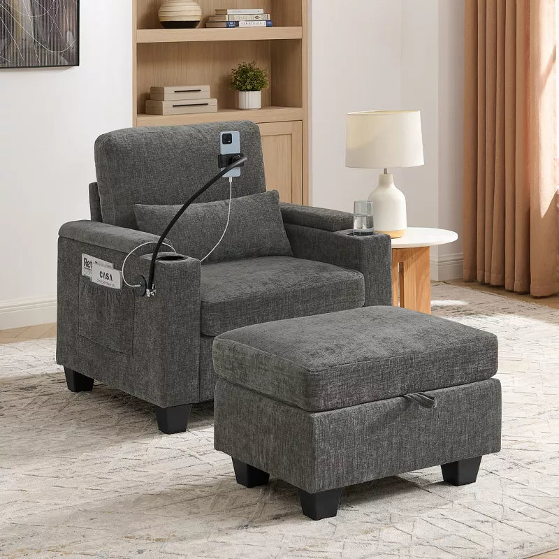 Single Recliner Sofa with Adjustable Backrest, Storage Ottoman & Phone Stand, Living Room Armchair