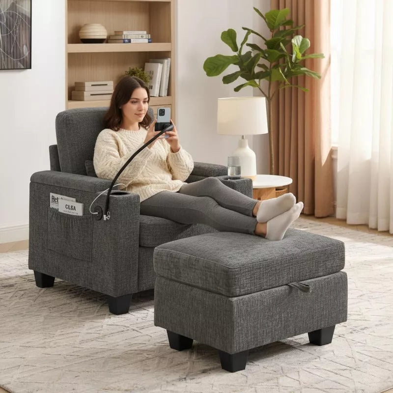 Single Recliner Sofa with Adjustable Backrest, Storage Ottoman & Phone Stand, Living Room Armchair
