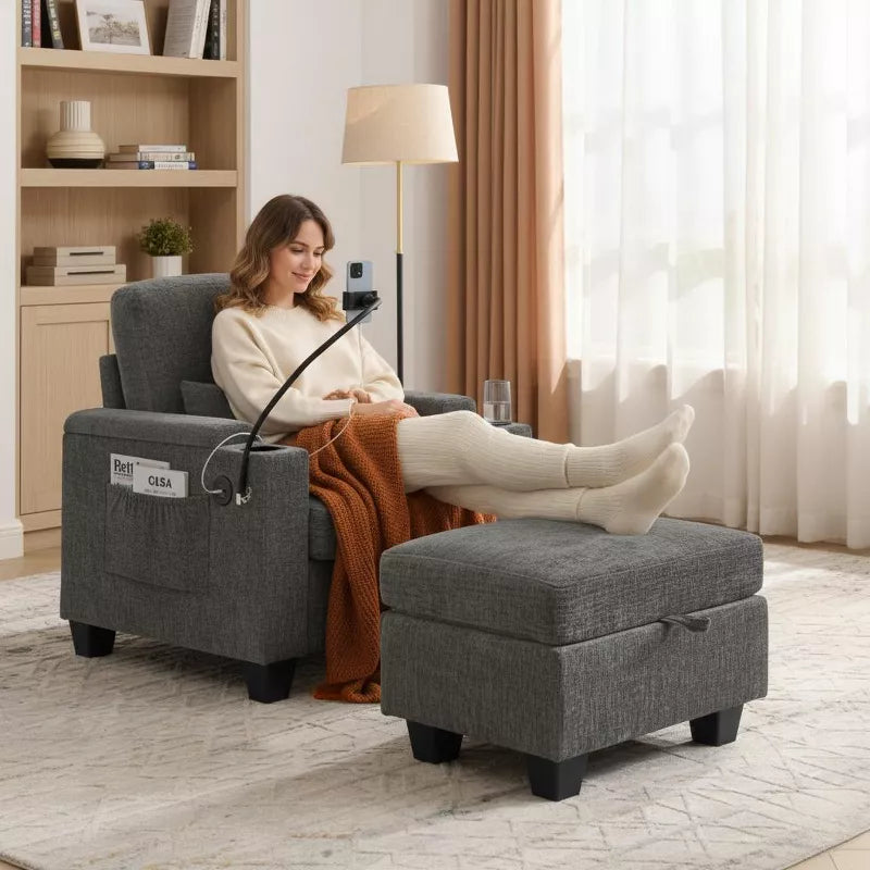 Single Recliner Sofa with Adjustable Backrest, Storage Ottoman & Phone Stand, Living Room Armchair