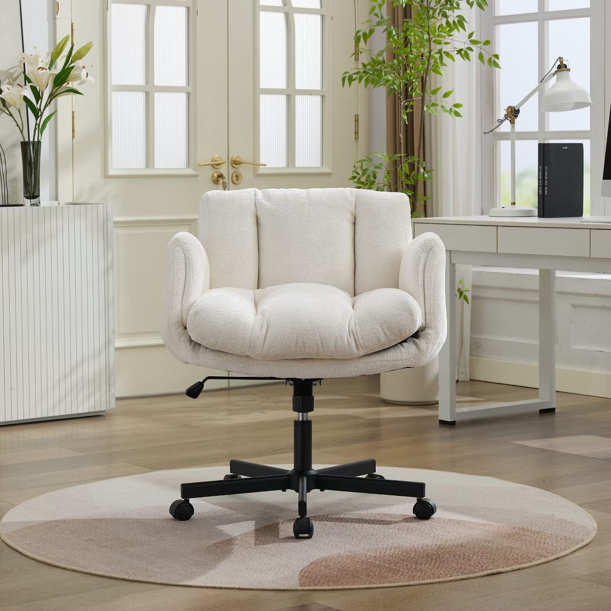 Chenille Swivel Office Chair with Flip-Up Arms & Double Cushion