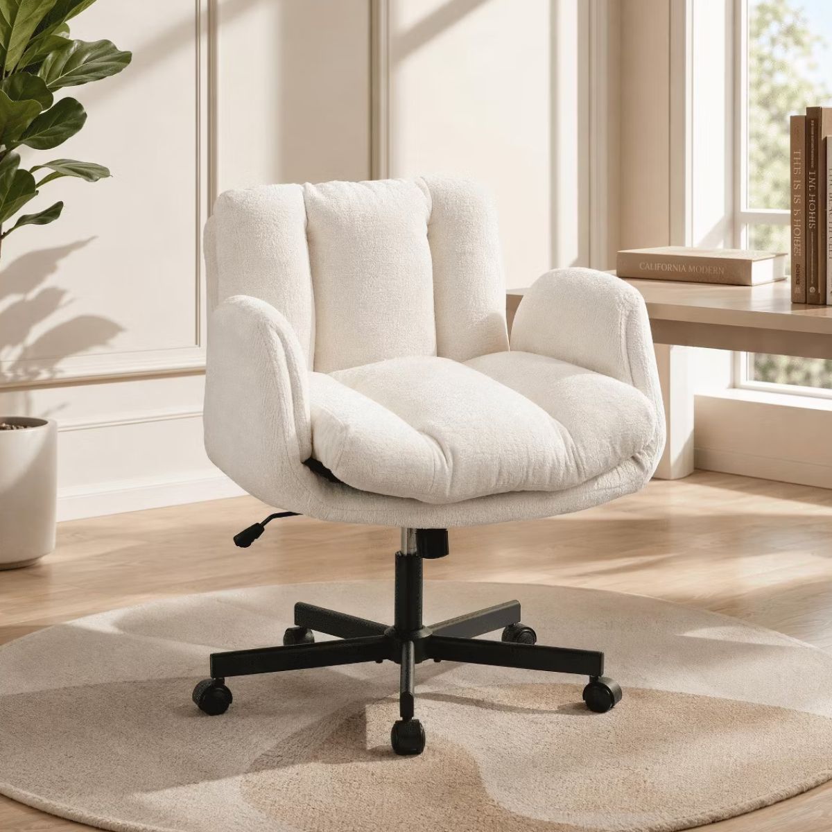 Chenille Swivel Office Chair with Flip-Up Arms & Double Cushion