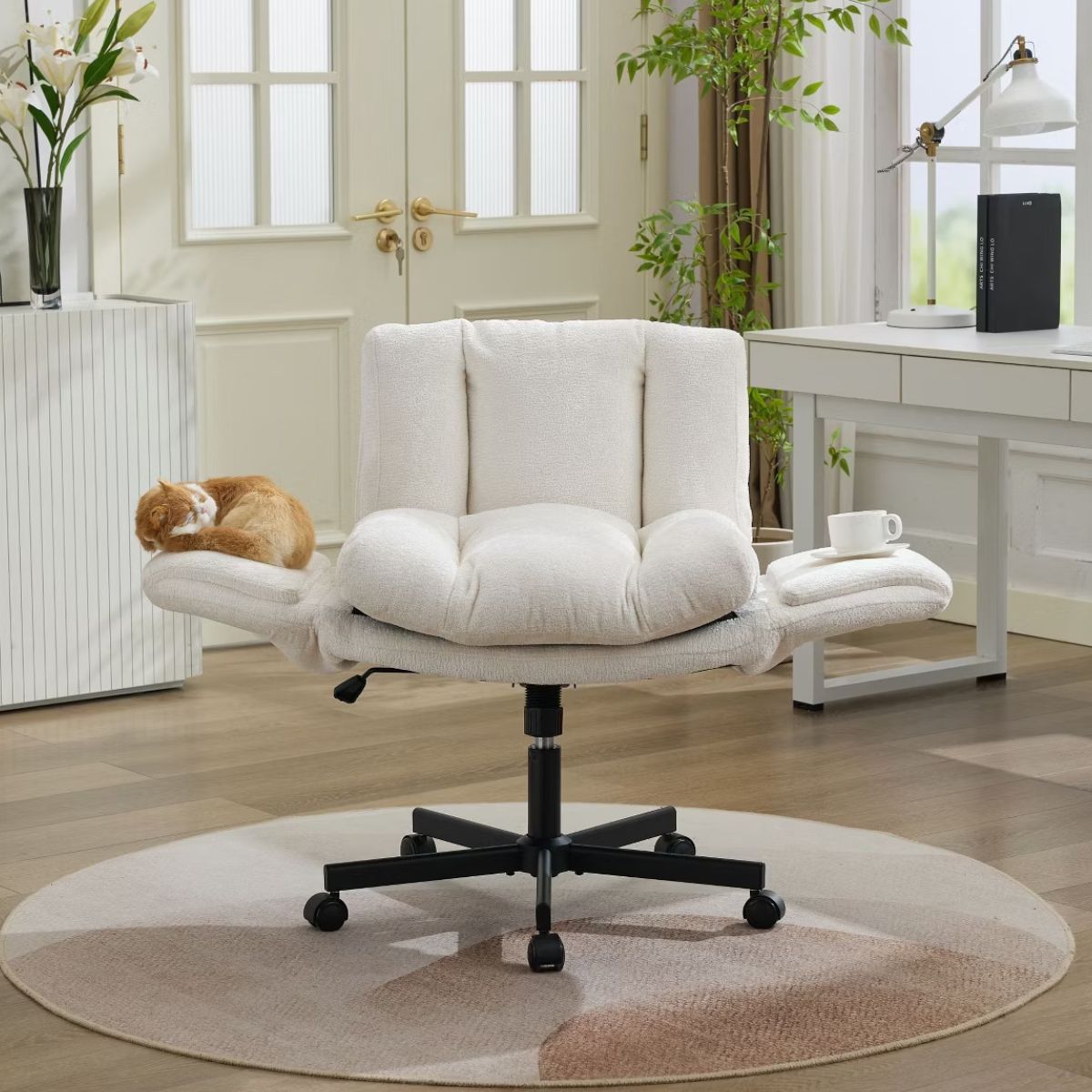 Chenille Swivel Office Chair with Flip-Up Arms & Double Cushion