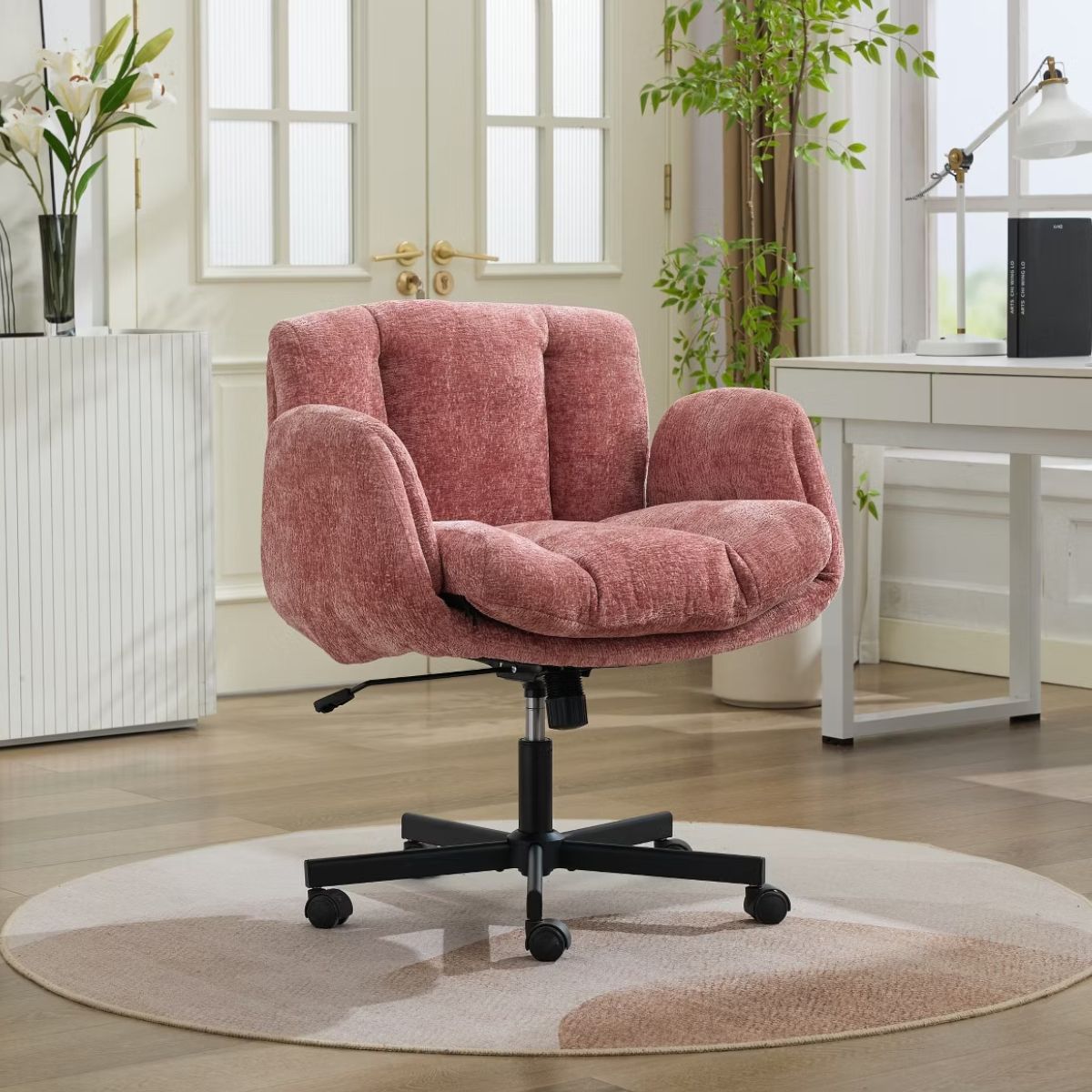 Chenille Swivel Office Chair with Flip-Up Arms & Double Cushion