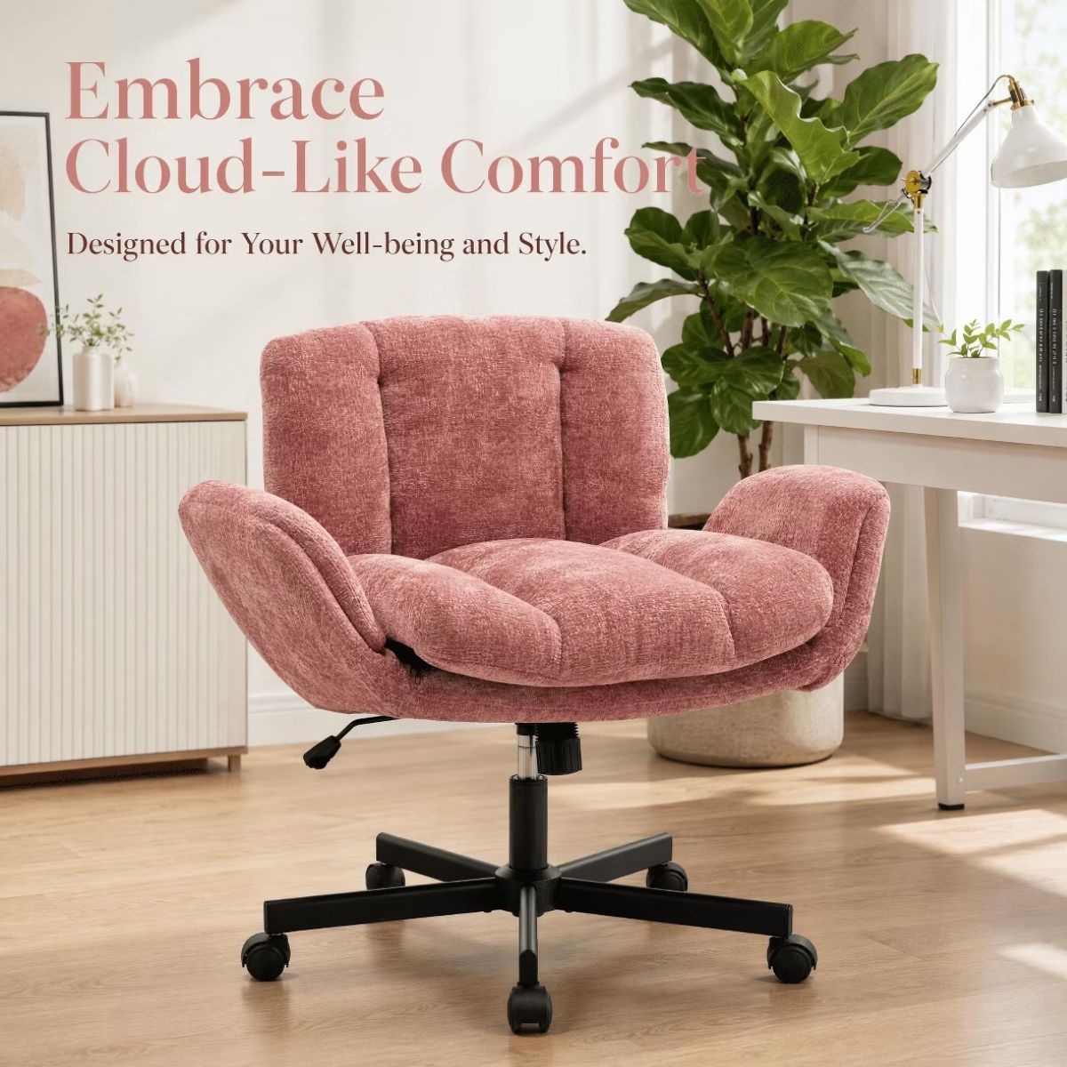 Chenille Swivel Office Chair with Flip-Up Arms & Double Cushion
