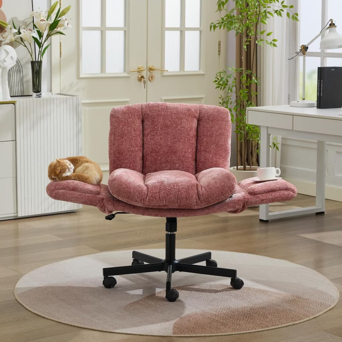Chenille Swivel Office Chair with Flip-Up Arms & Double Cushion
