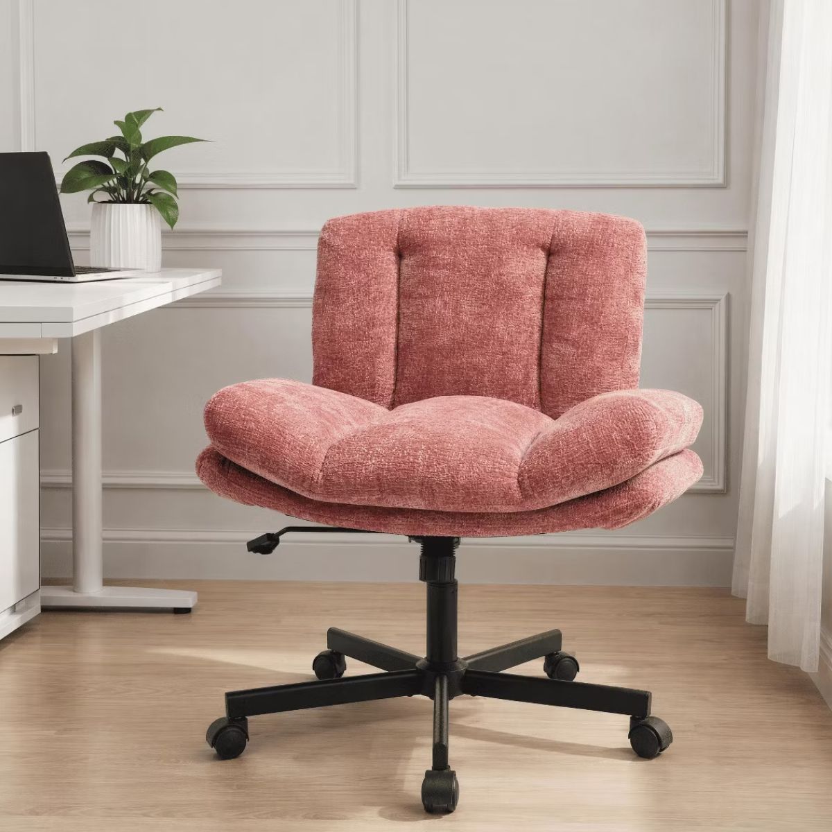 Chenille Swivel Office Chair with Flip-Up Arms & Double Cushion