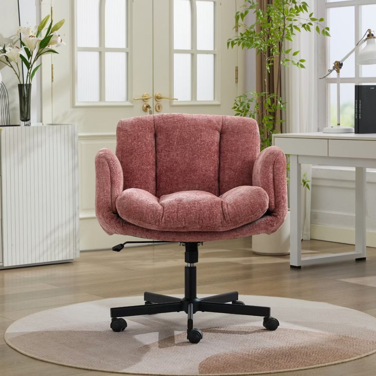 Chenille Swivel Office Chair with Flip-Up Arms & Double Cushion