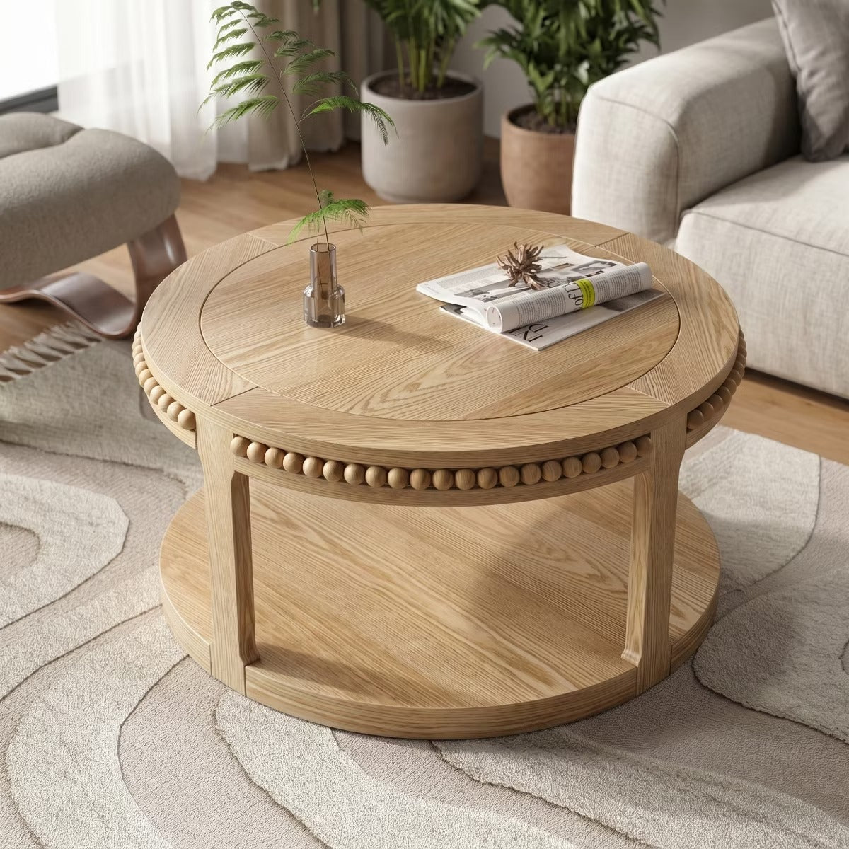 Round Coffee Table with Storage – Modern Wood Center Table for Living Room