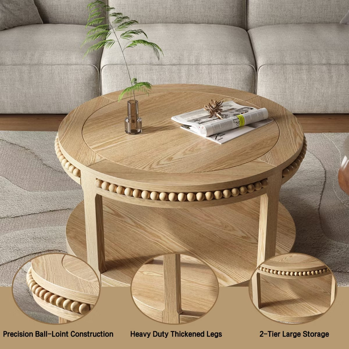 Round Coffee Table with Storage – Modern Wood Center Table for Living Room