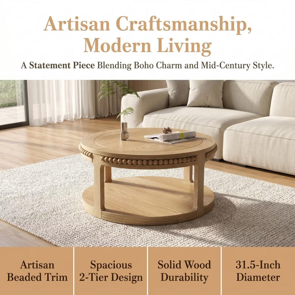 Round Coffee Table with Storage – Modern Wood Center Table for Living Room
