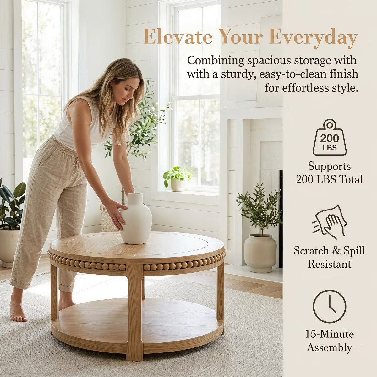 Round Coffee Table with Storage – Modern Wood Center Table for Living Room