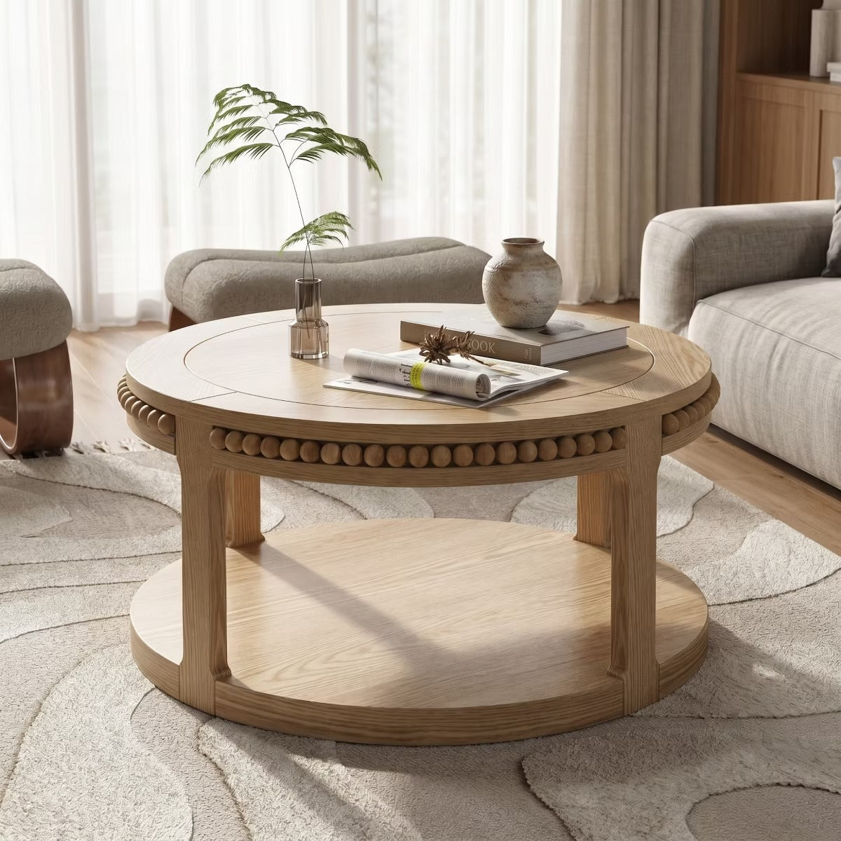 Round Coffee Table with Storage – Modern Wood Center Table for Living Room