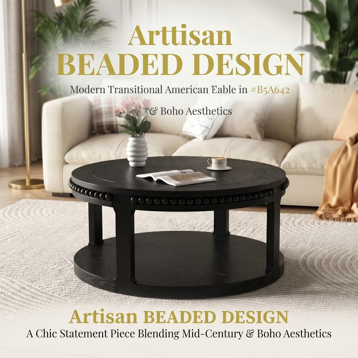 Round Coffee Table with Storage – Modern Wood Center Table for Living Room