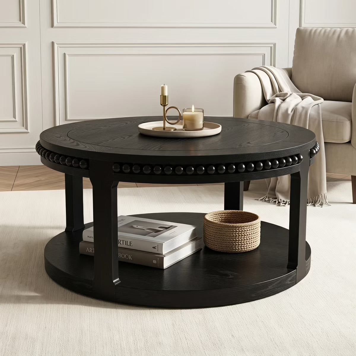 Round Coffee Table with Storage – Modern Wood Center Table for Living Room
