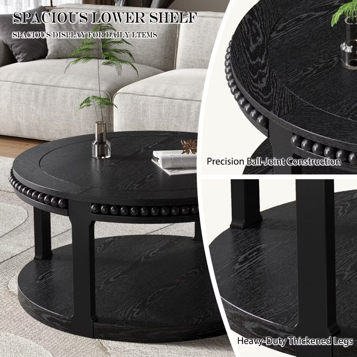 Round Coffee Table with Storage – Modern Wood Center Table for Living Room
