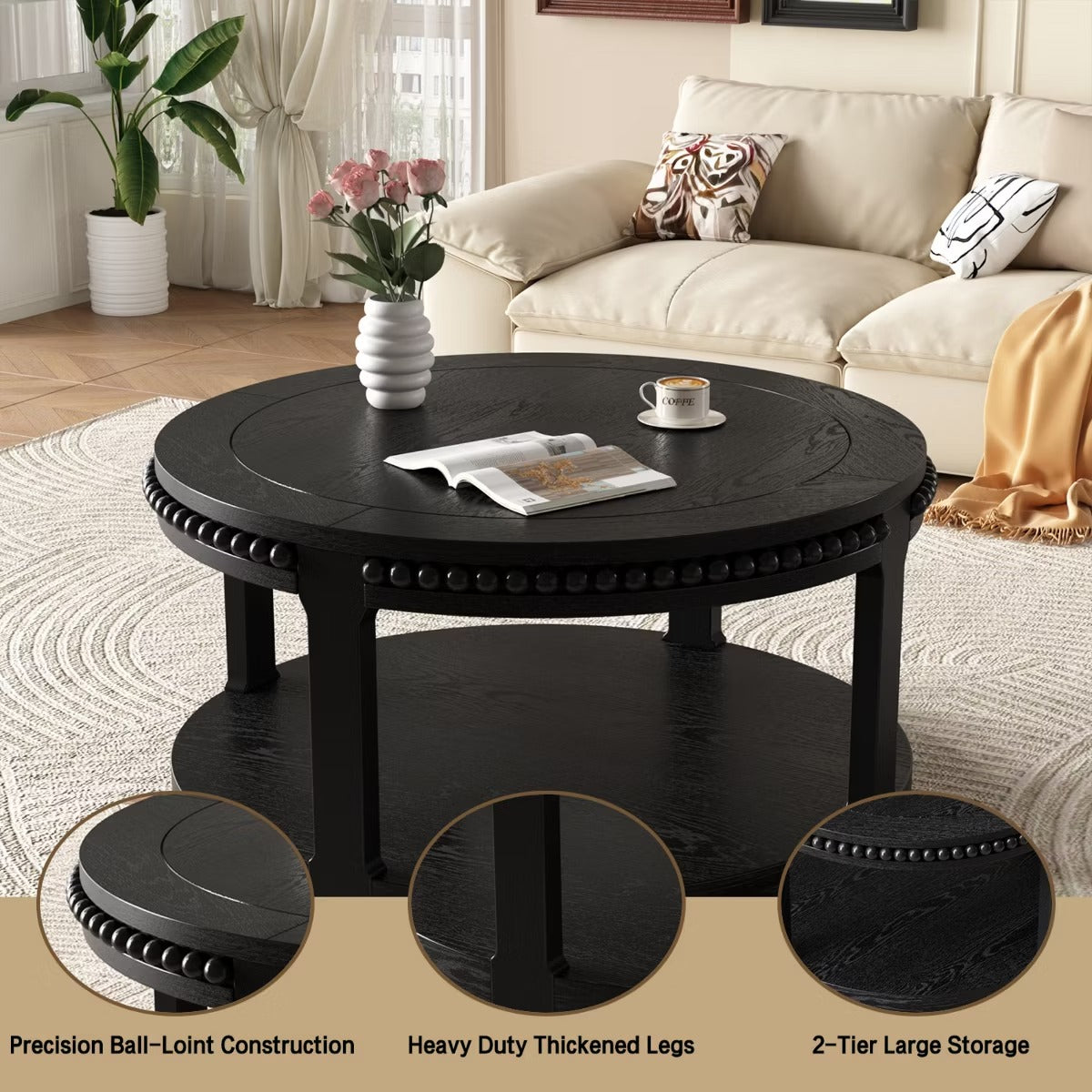 Round Coffee Table with Storage – Modern Wood Center Table for Living Room