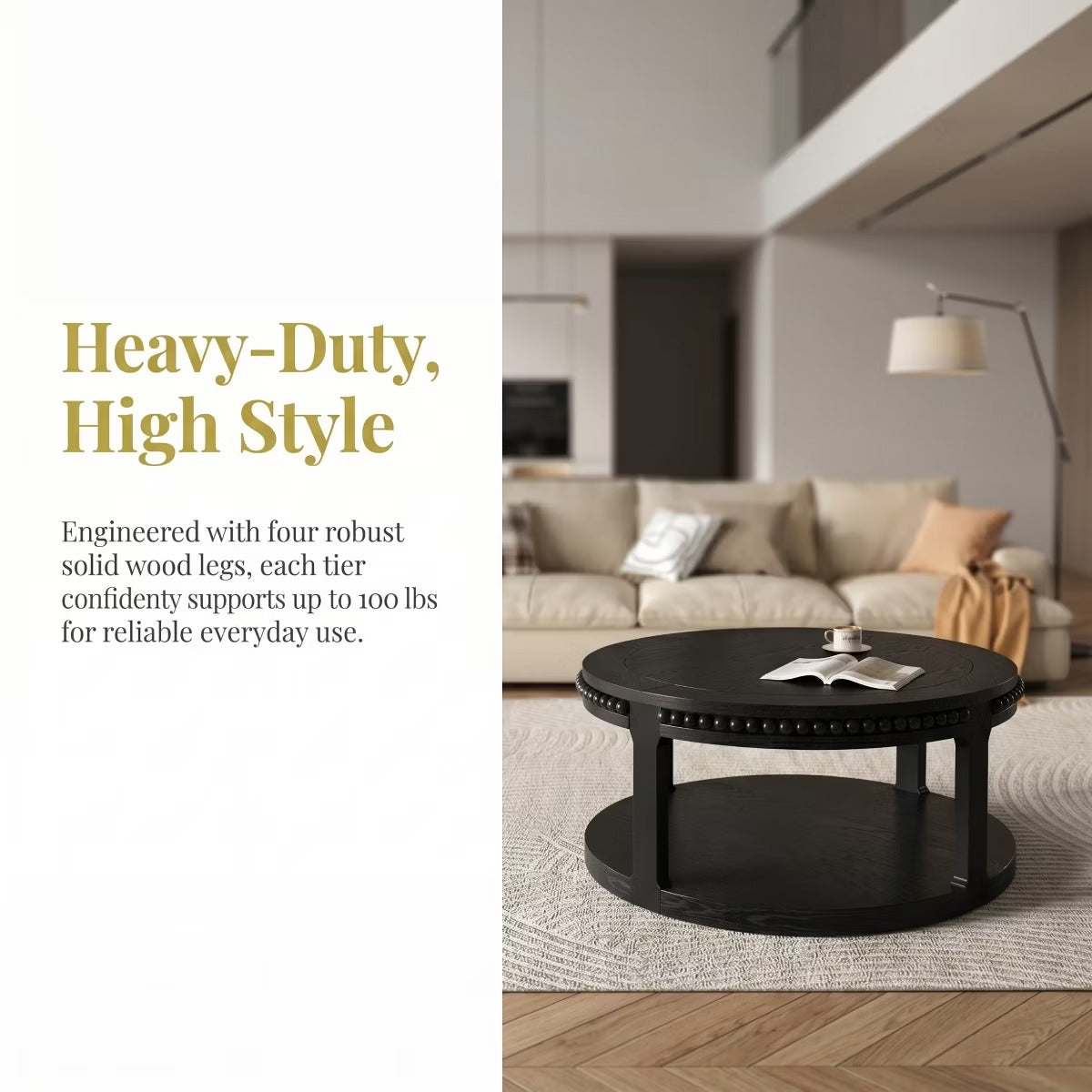 Round Coffee Table with Storage – Modern Wood Center Table for Living Room