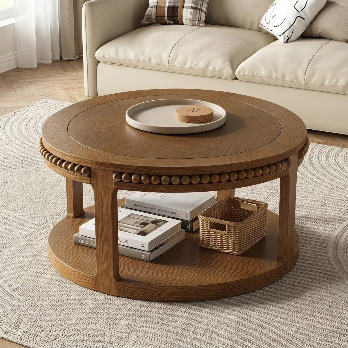 Round Coffee Table with Storage – Modern Wood Center Table for Living Room