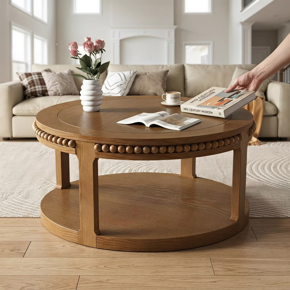 Round Coffee Table with Storage – Modern Wood Center Table for Living Room