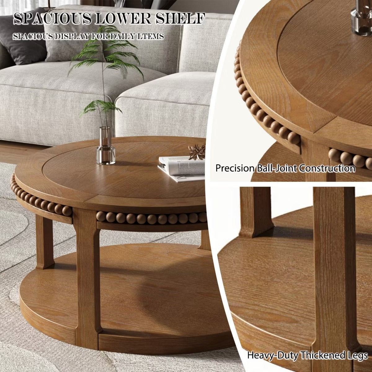 Round Coffee Table with Storage – Modern Wood Center Table for Living Room