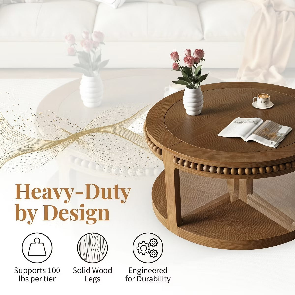 Round Coffee Table with Storage – Modern Wood Center Table for Living Room
