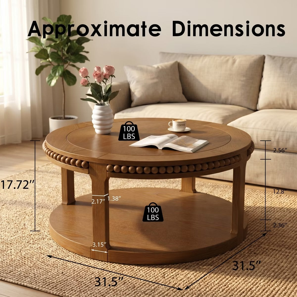 Round Coffee Table with Storage – Modern Wood Center Table for Living Room