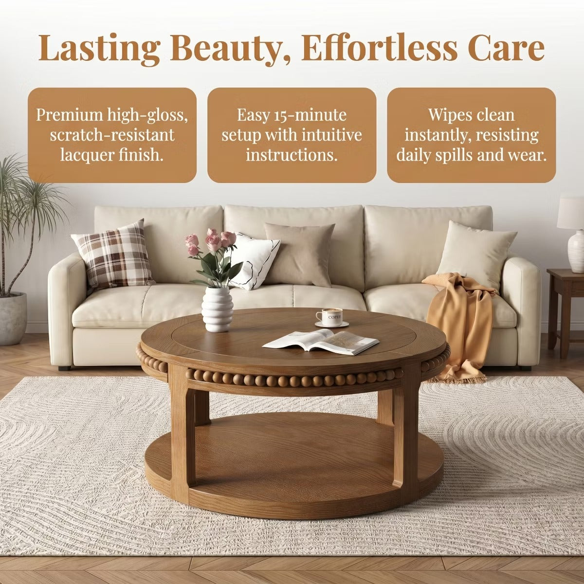 Round Coffee Table with Storage – Modern Wood Center Table for Living Room
