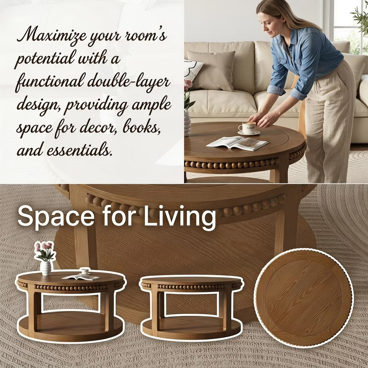 Round Coffee Table with Storage – Modern Wood Center Table for Living Room