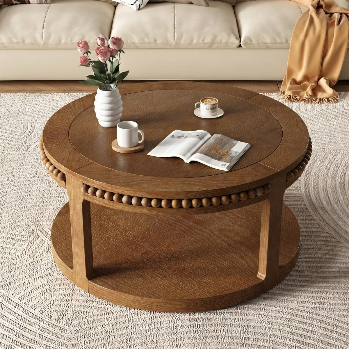 Round Coffee Table with Storage – Modern Wood Center Table for Living Room
