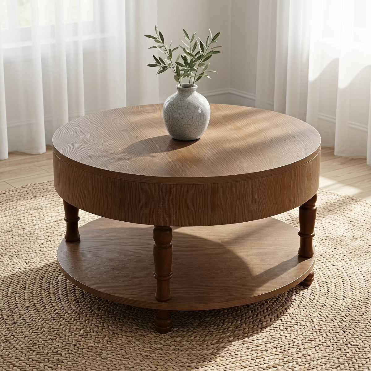 Round Coffee Table with Hidden Storage – Lift-Top Natural Oak Center Table