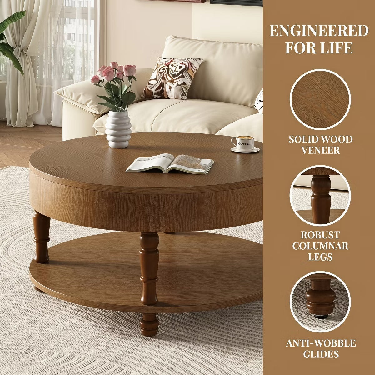 Round Coffee Table with Hidden Storage – Lift-Top Natural Oak Center Table