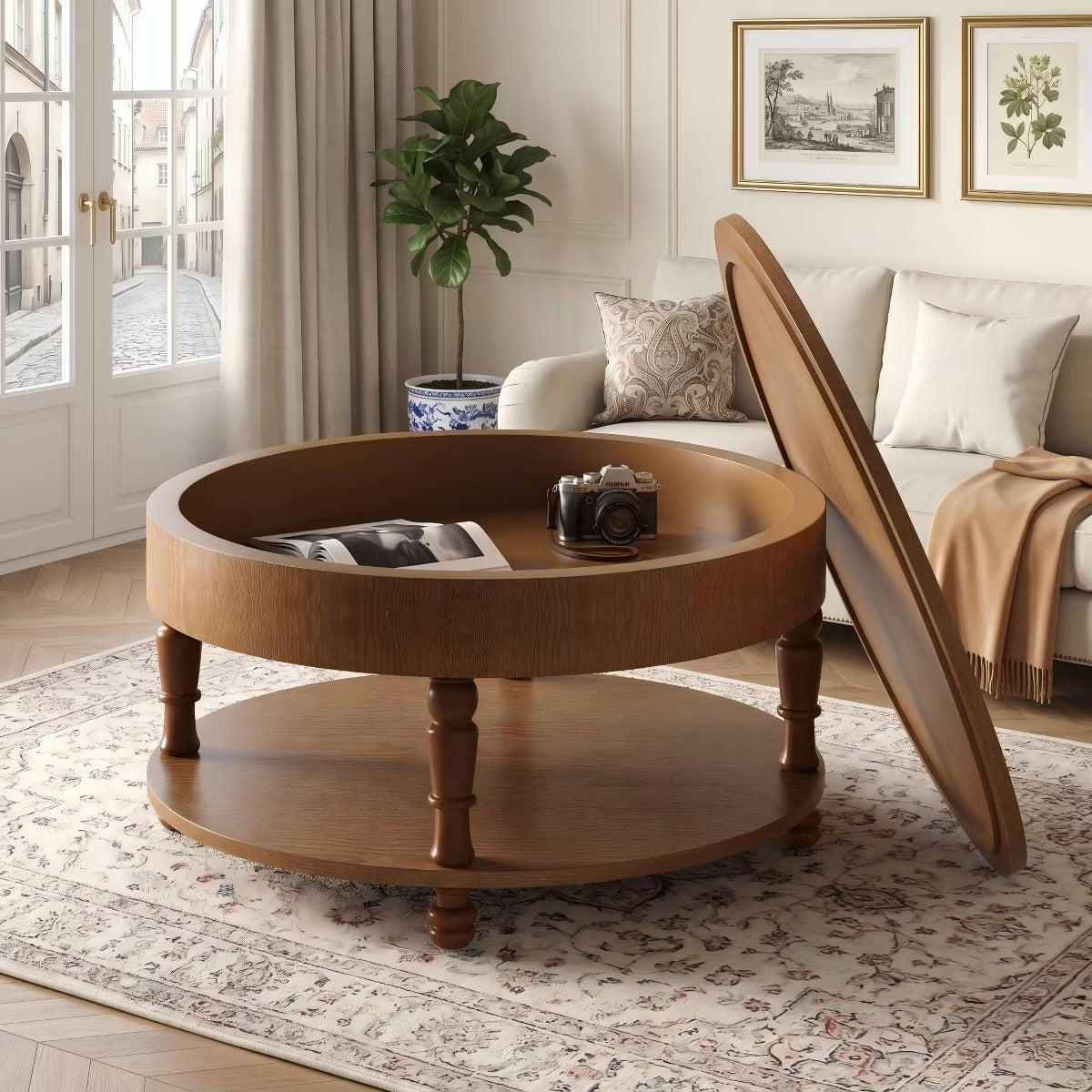 Round Coffee Table with Hidden Storage – Lift-Top Natural Oak Center Table