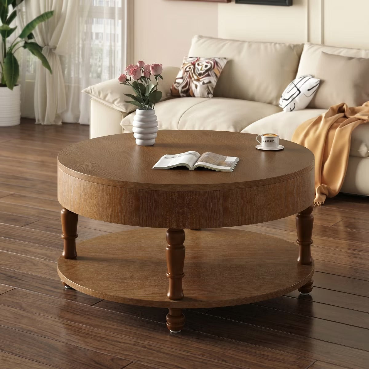 Round Coffee Table with Hidden Storage – Lift-Top Natural Oak Center Table