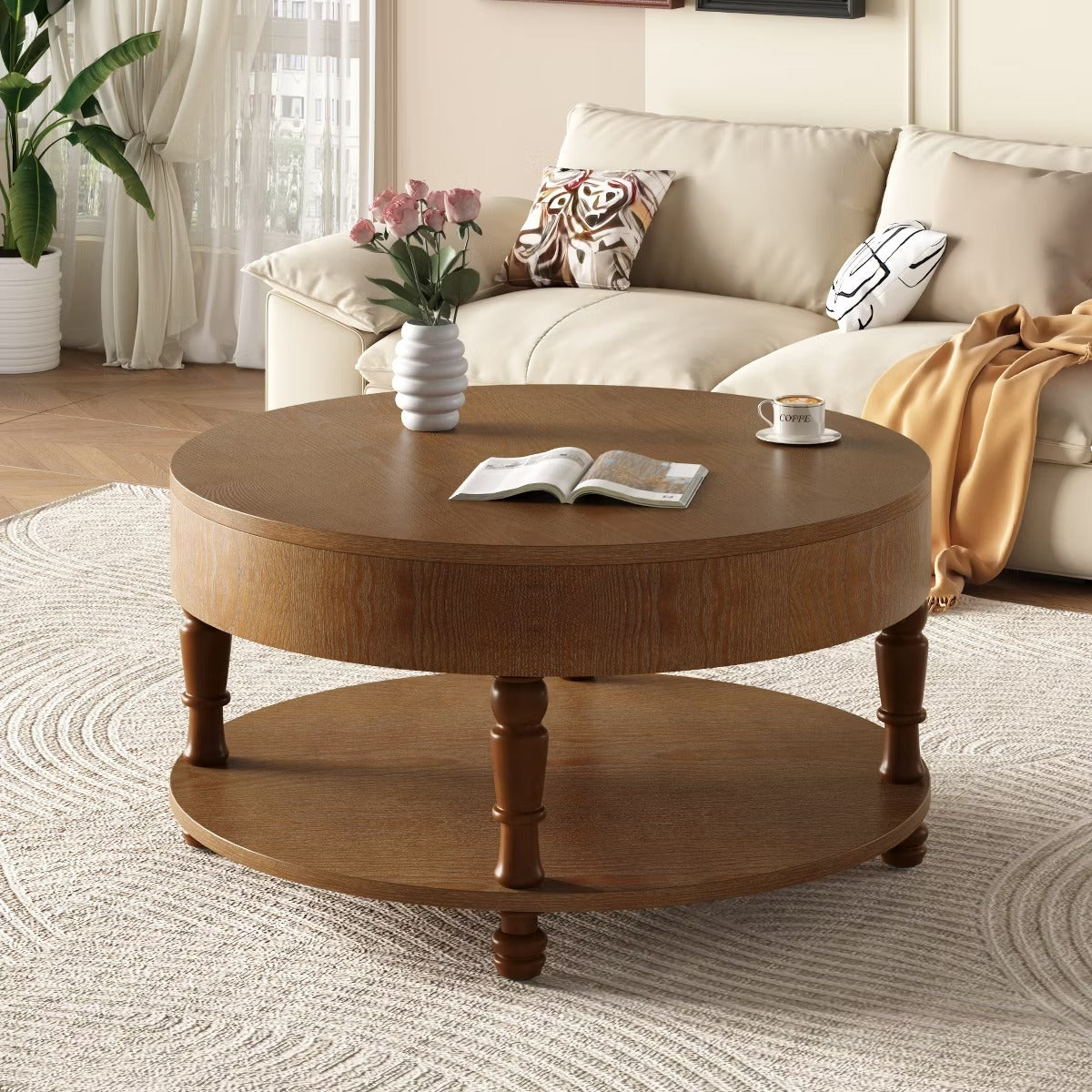 Round Coffee Table with Hidden Storage – Lift-Top Natural Oak Center Table