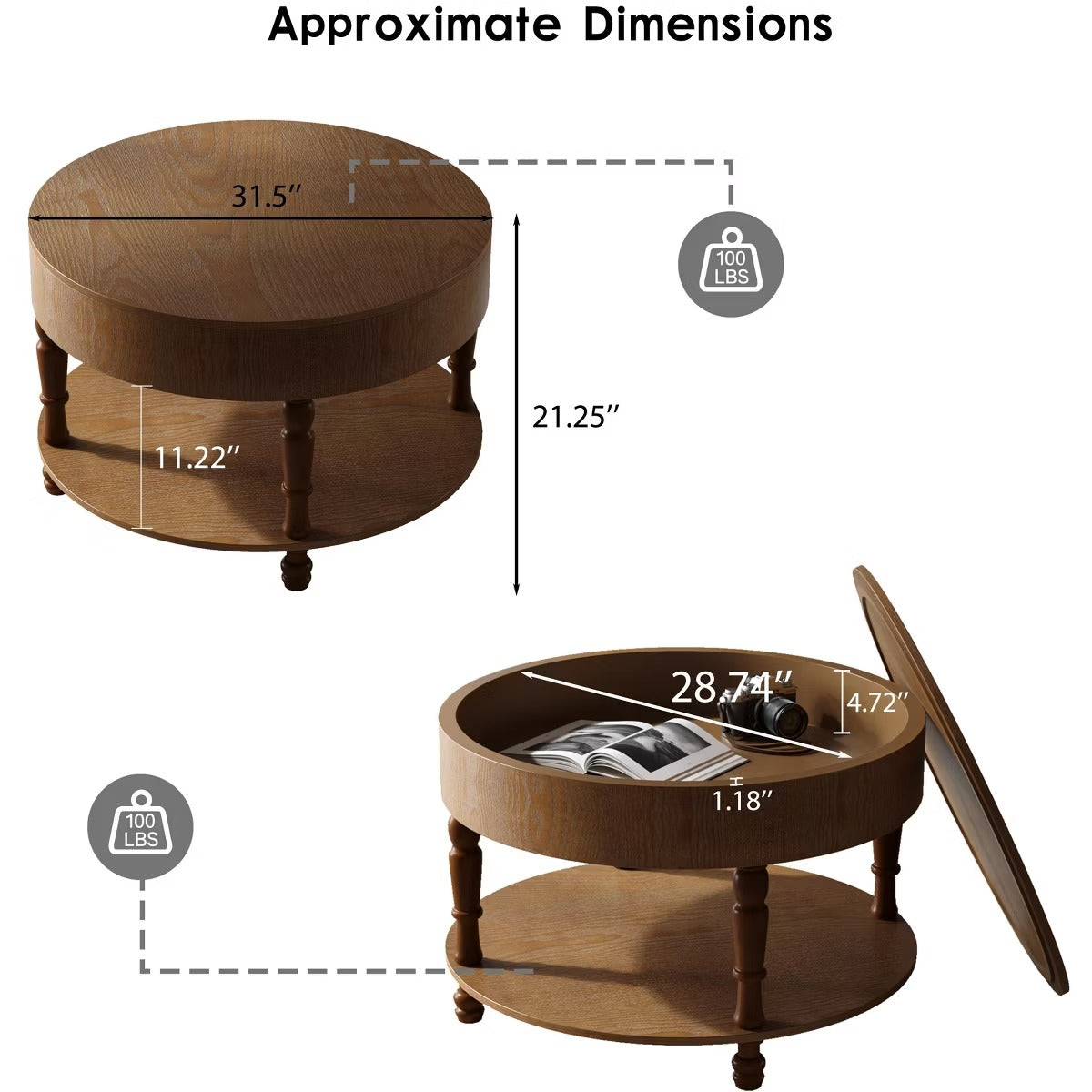 Round Coffee Table with Hidden Storage – Lift-Top Natural Oak Center Table