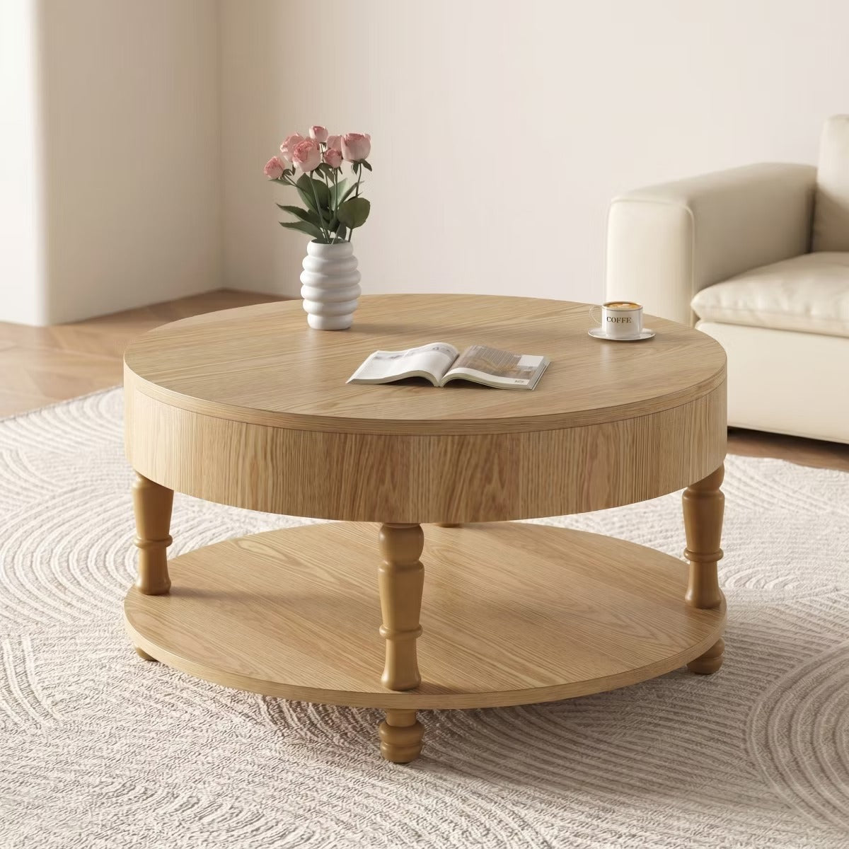Round Coffee Table with Hidden Storage – Lift-Top Natural Oak Center Table