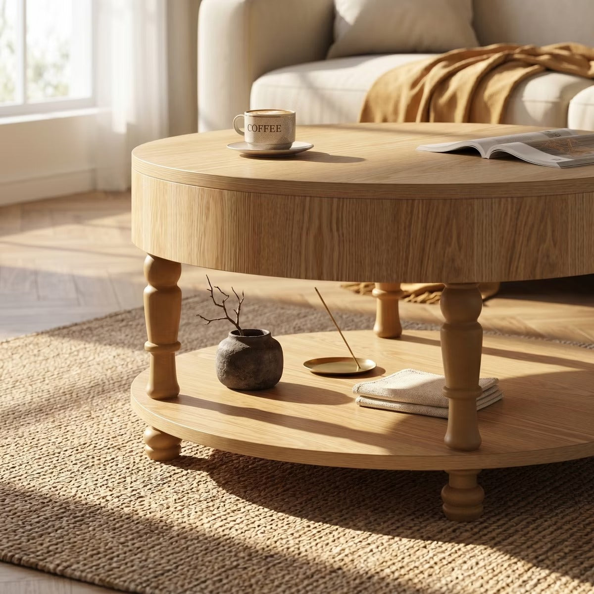Round Coffee Table with Hidden Storage – Lift-Top Natural Oak Center Table