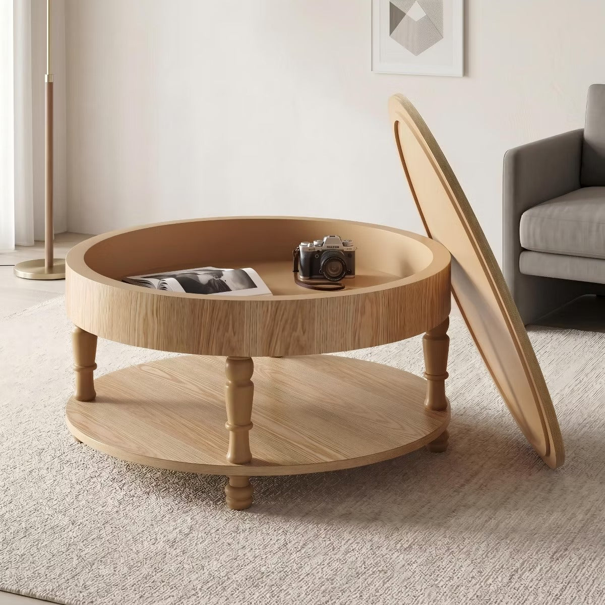 Round Coffee Table with Hidden Storage – Lift-Top Natural Oak Center Table