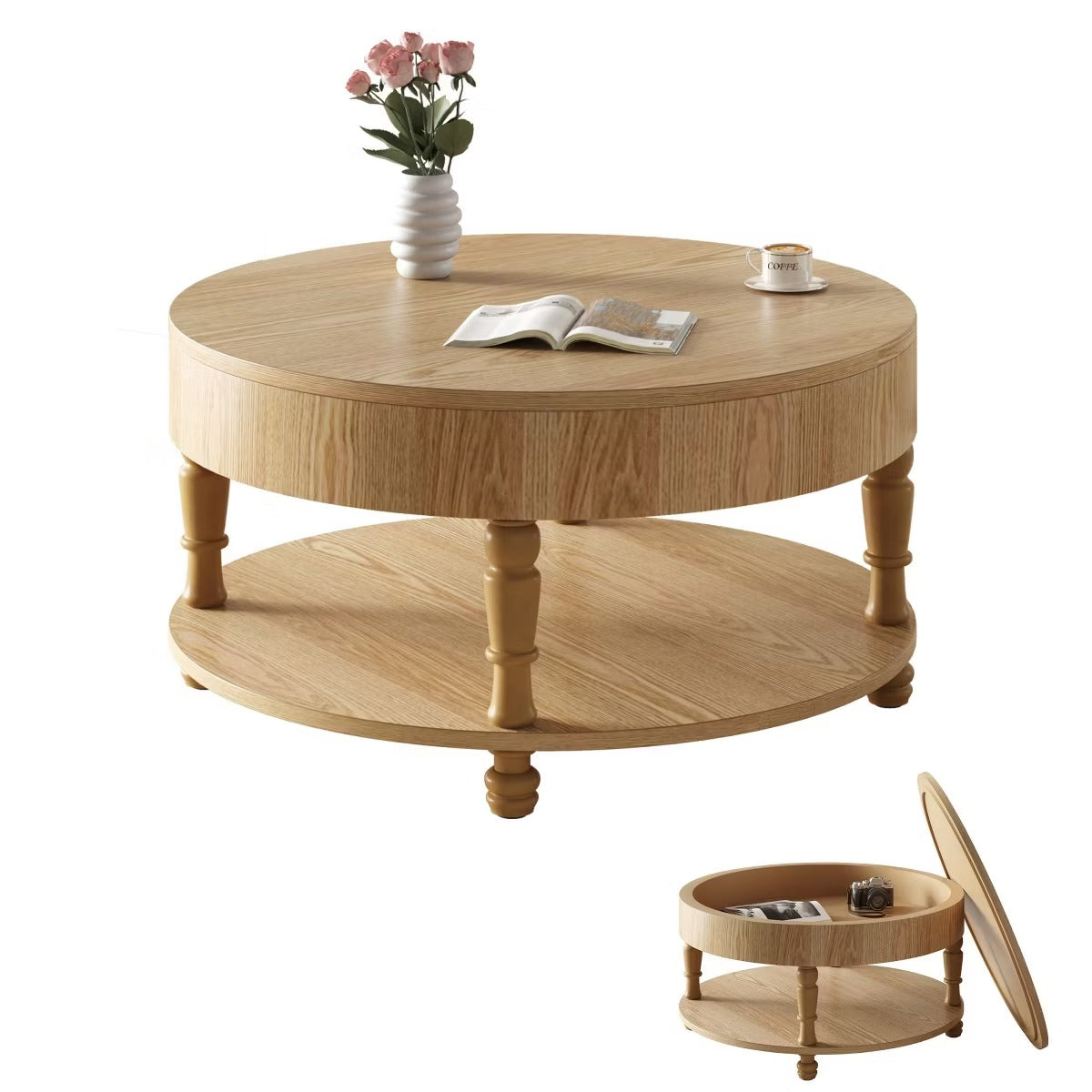 Round Coffee Table with Hidden Storage – Lift-Top Natural Oak Center Table