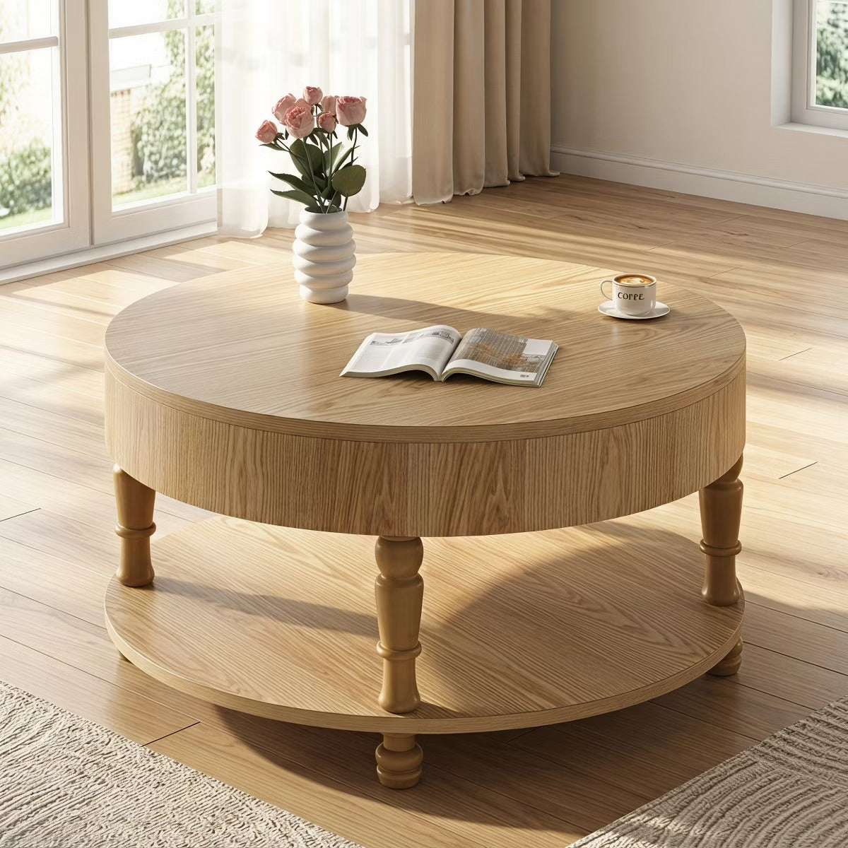 Round Coffee Table with Hidden Storage – Lift-Top Natural Oak Center Table