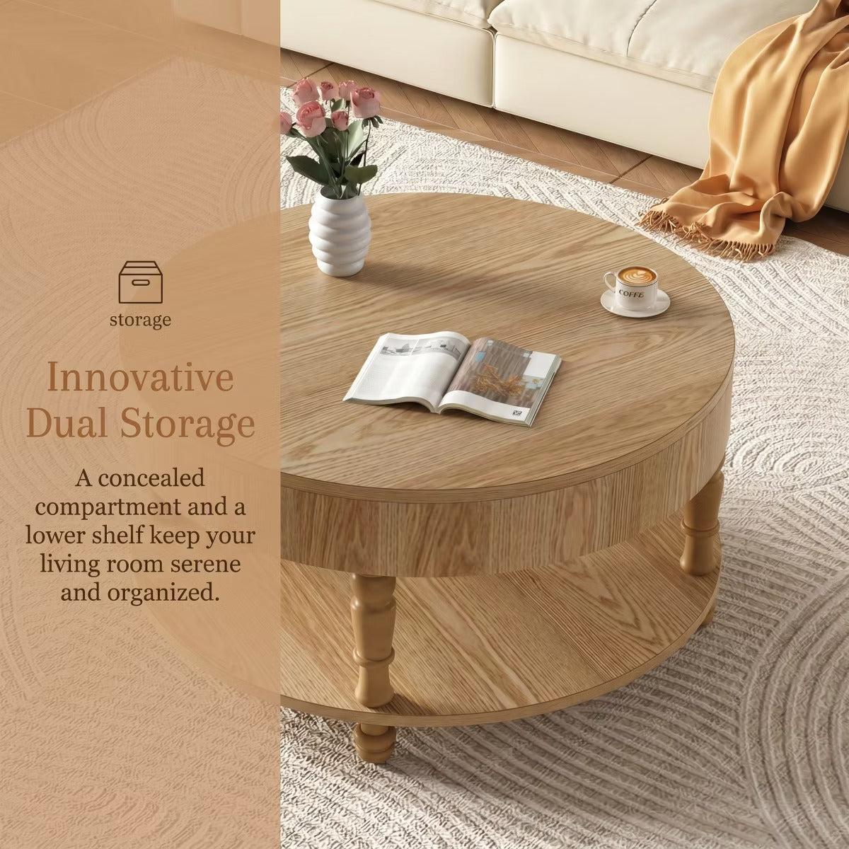 Round Coffee Table with Hidden Storage – Lift-Top Natural Oak Center Table