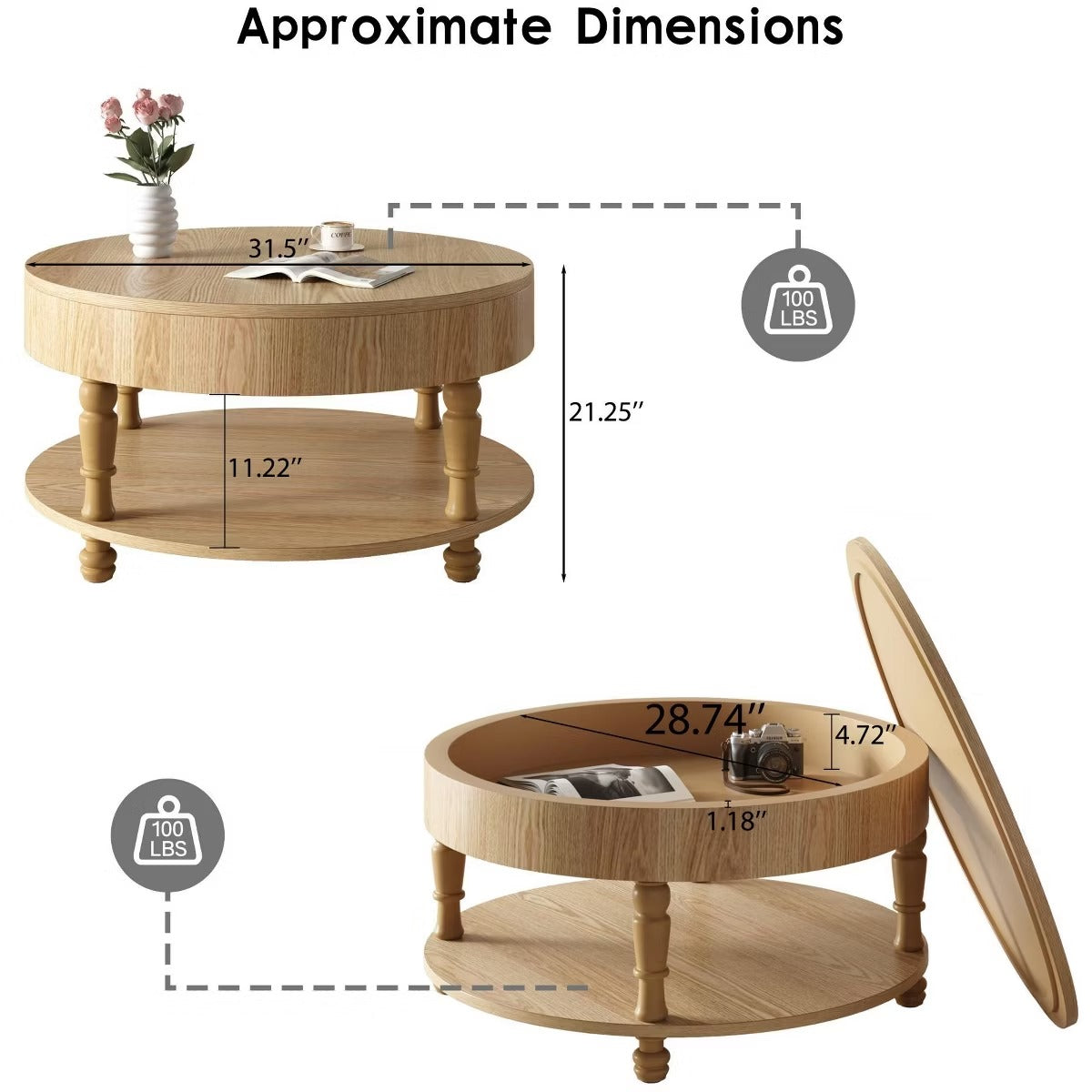 Round Coffee Table with Hidden Storage – Lift-Top Natural Oak Center Table