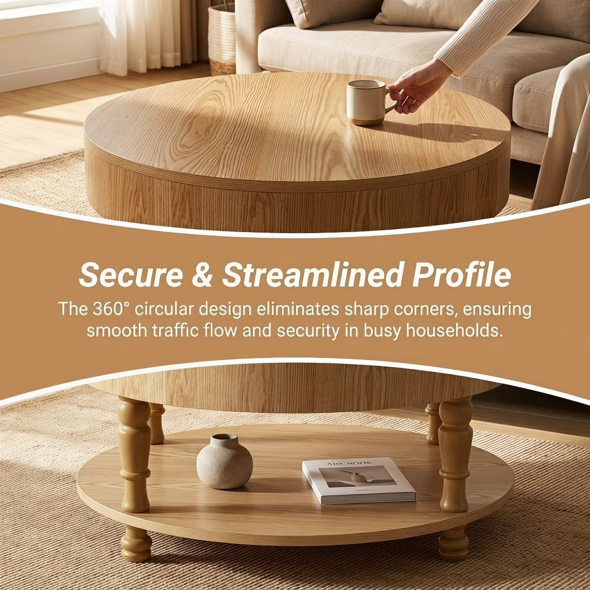 Round Coffee Table with Hidden Storage – Lift-Top Natural Oak Center Table