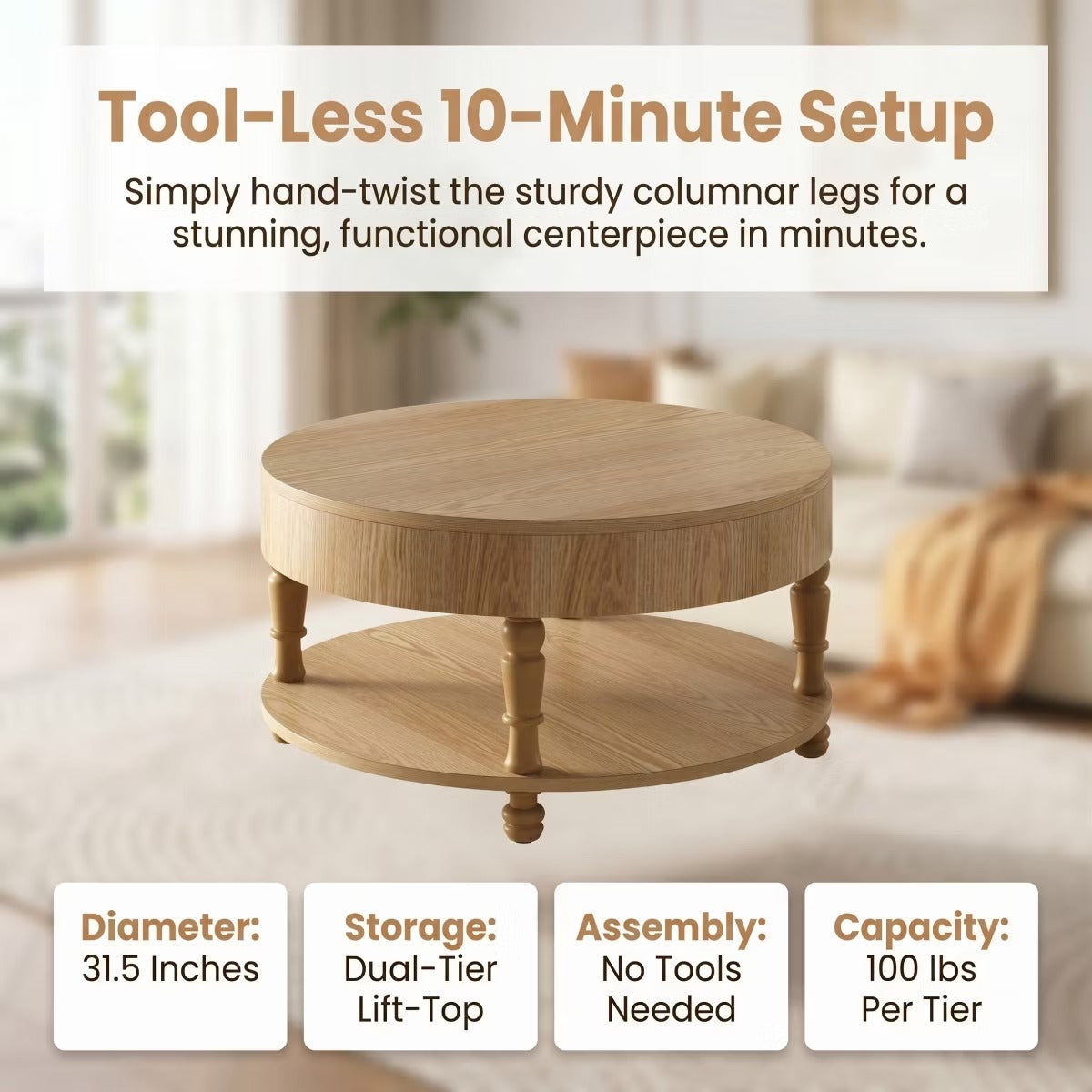 Round Coffee Table with Hidden Storage – Lift-Top Natural Oak Center Table