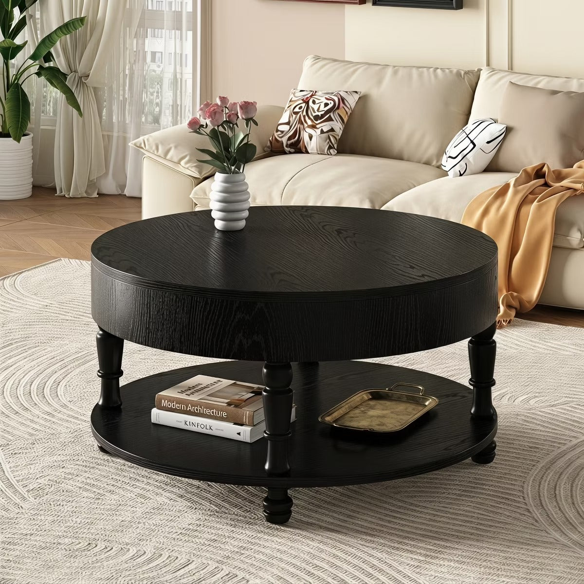 Round Coffee Table with Hidden Storage – Lift-Top Natural Oak Center Table