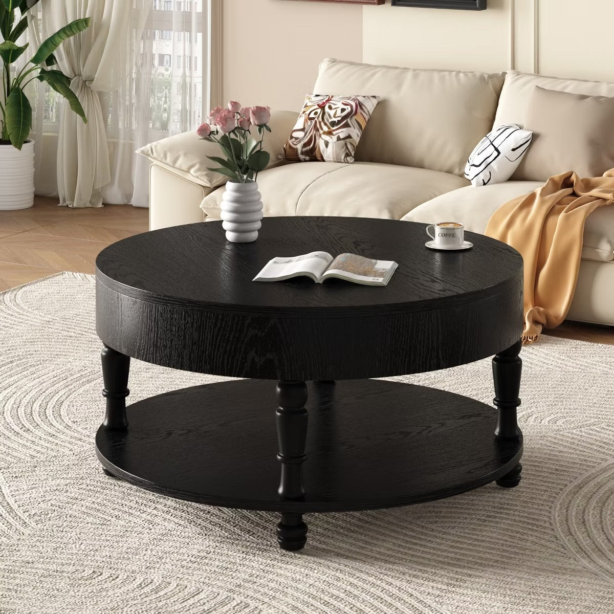 Round Coffee Table with Hidden Storage – Lift-Top Natural Oak Center Table