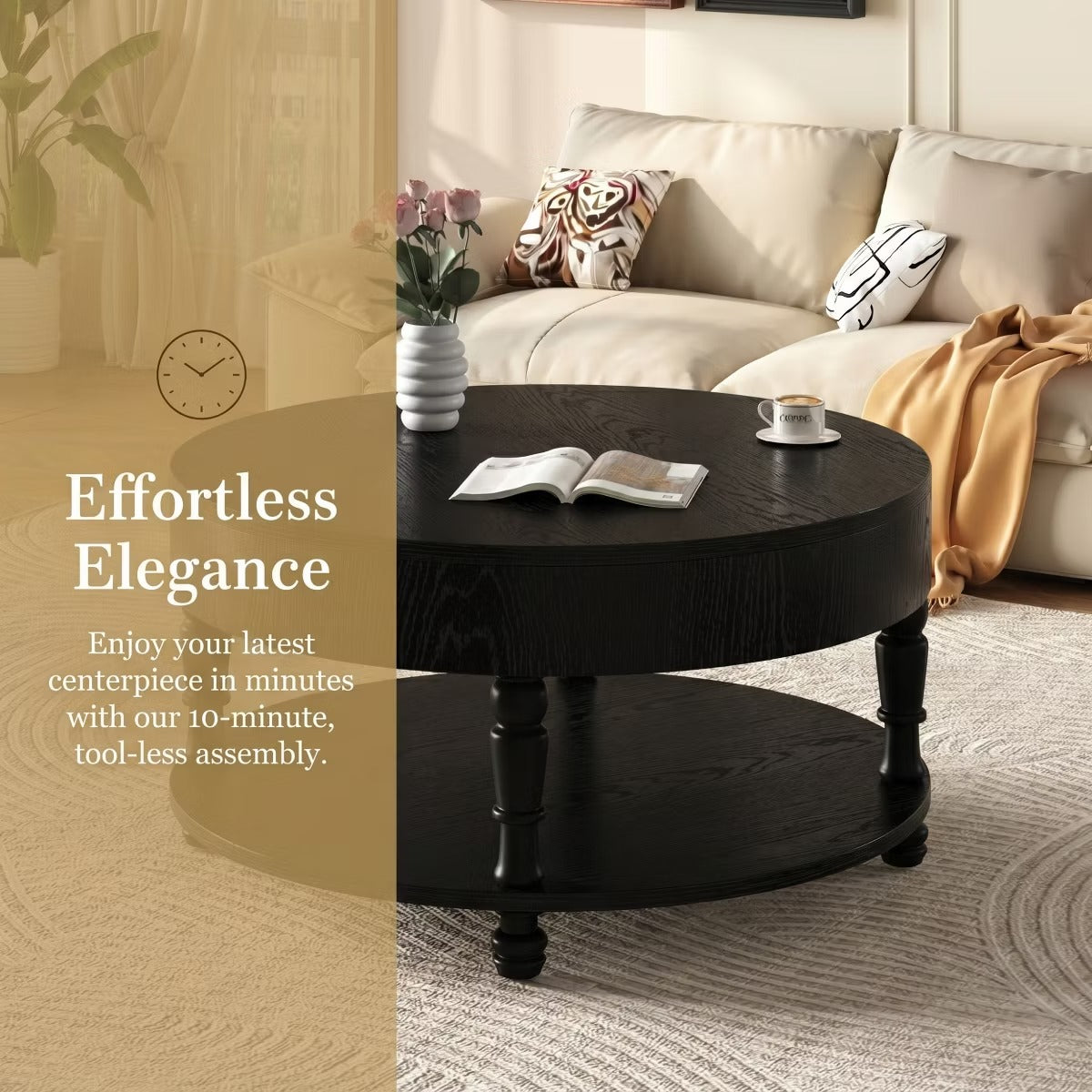 Round Coffee Table with Hidden Storage – Lift-Top Natural Oak Center Table